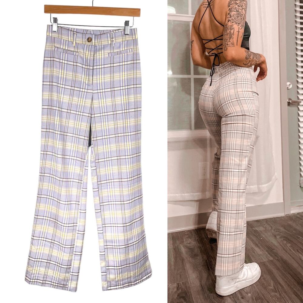 Monki Stacy Purple Plaid High Waist Flare Pants Preppy Indie Size 4